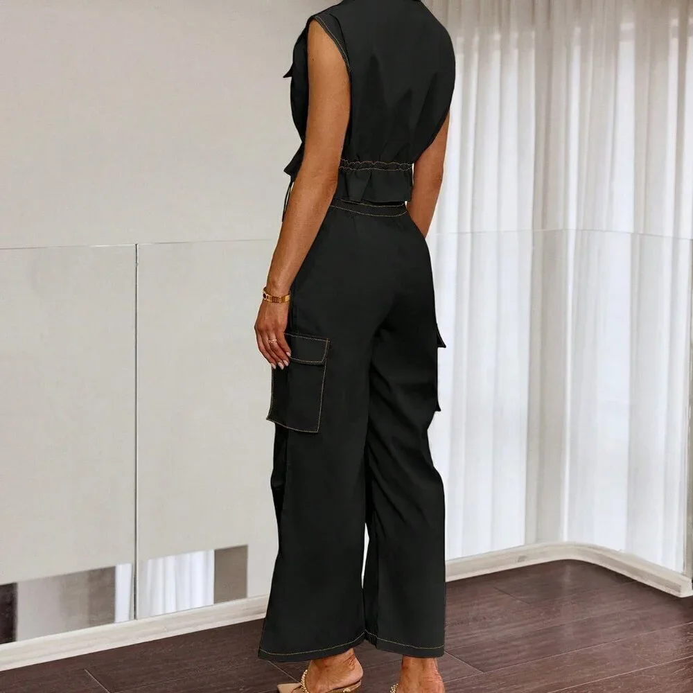Women's Pocket Drawstring Waist Sleeveless Top And Casual Pants Set